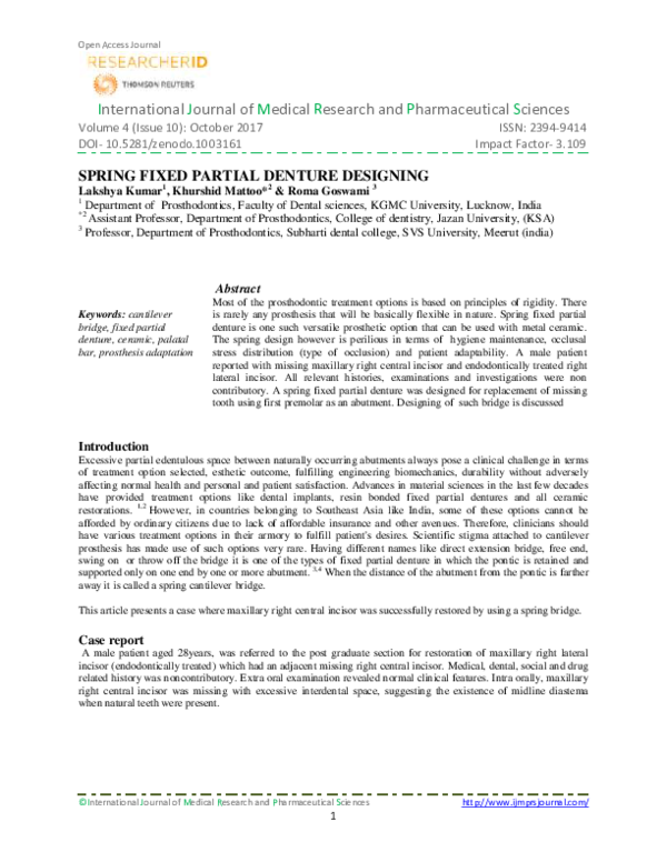(PDF) Spring Fixed Partial Denture Designing Khurshid A Mattoo