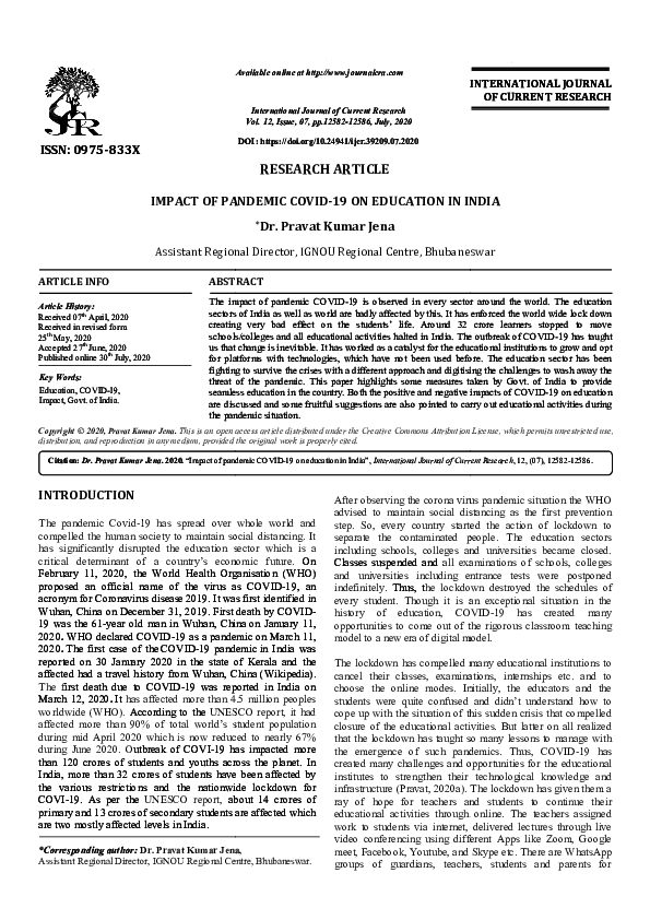 (PDF) Impact of Pandemic COVID-19 on Education in India