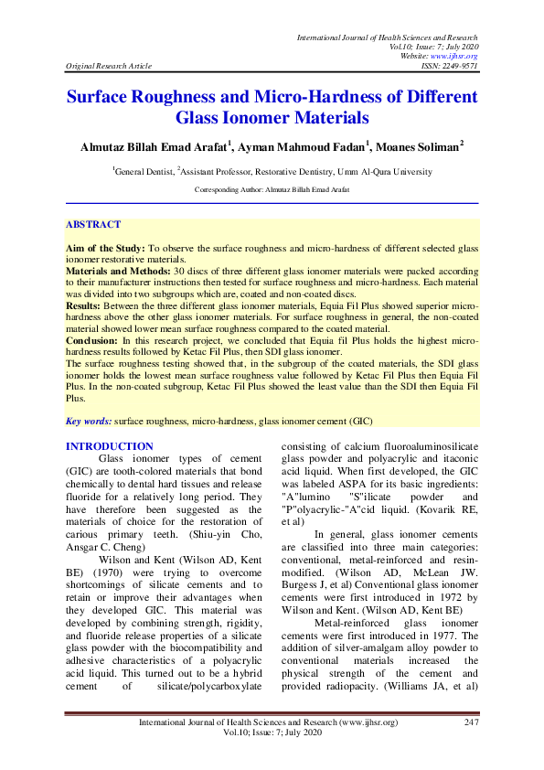 (PDF) Surface Roughness and MicroHardness of Different Glass Ionomer Materials International
