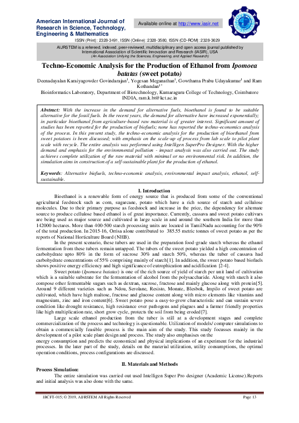 (PDF) Techno-Economic Analysis for the Production of Ethanol from ...