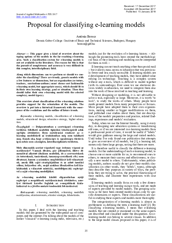 (PDF) Proposal for classifying e-learning models