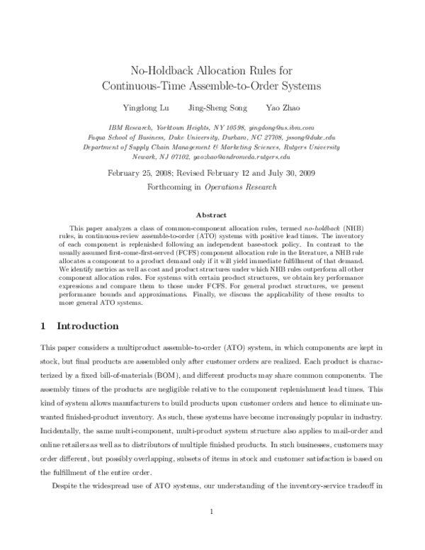 (PDF) NoHoldback Allocation Rules for ContinuousTime Assembleto