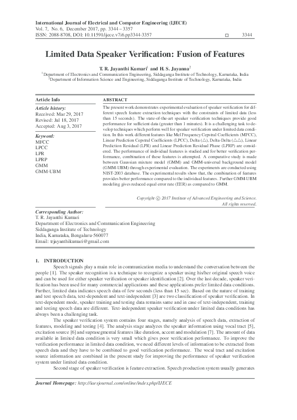 (PDF) Limited Data Speaker Verification: Fusion of Features
