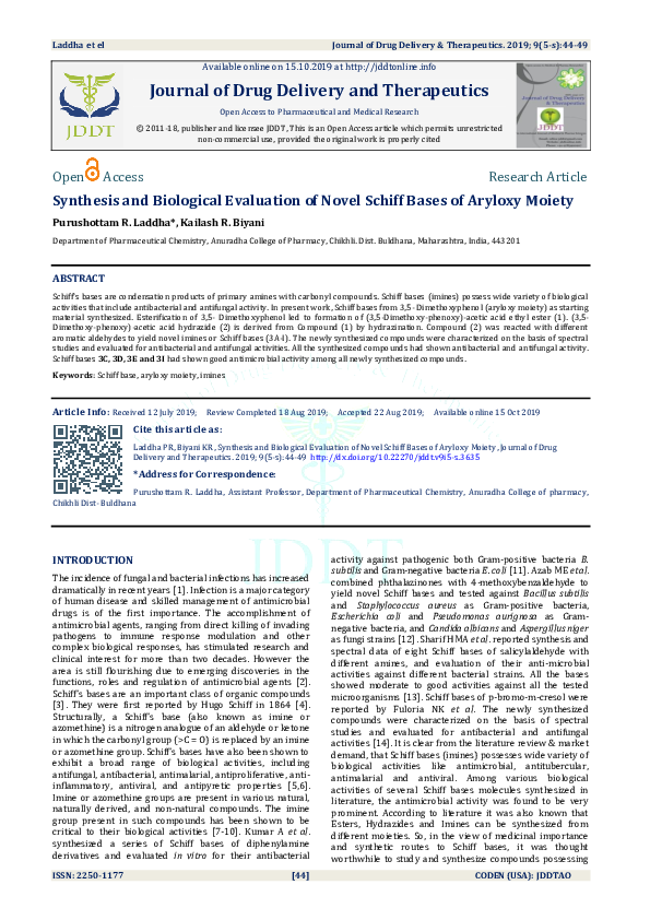 (PDF) Synthesis and Biological Evaluation of Novel Schiff Bases of ...
