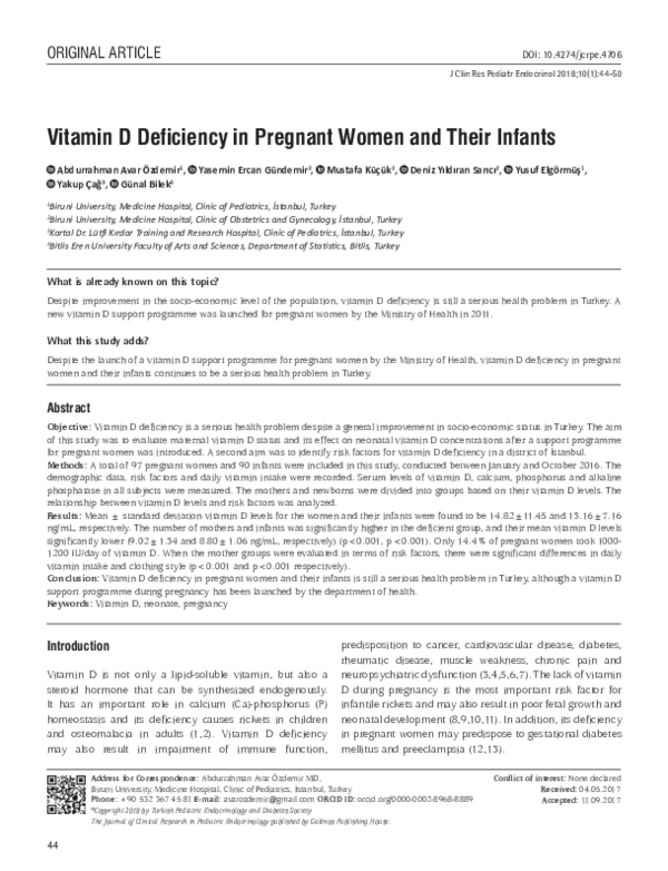 (PDF) Vitamin D Deficiency in Pregnant Women and Their Infants Günal