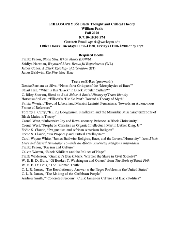 (DOC) PHILOSOPHY 352 Black Thought and Critical Theory William M