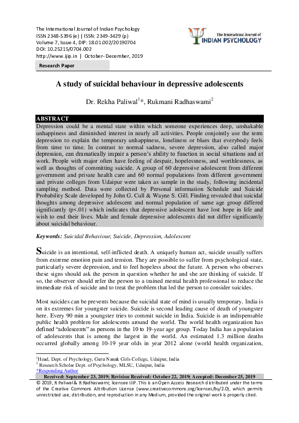 (PDF) A study of suicidal behaviour in depressive adolescents