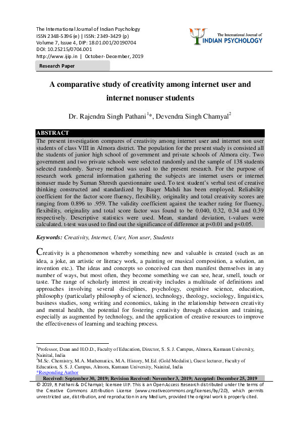 (PDF) A comparative study of creativity among internet user and ...