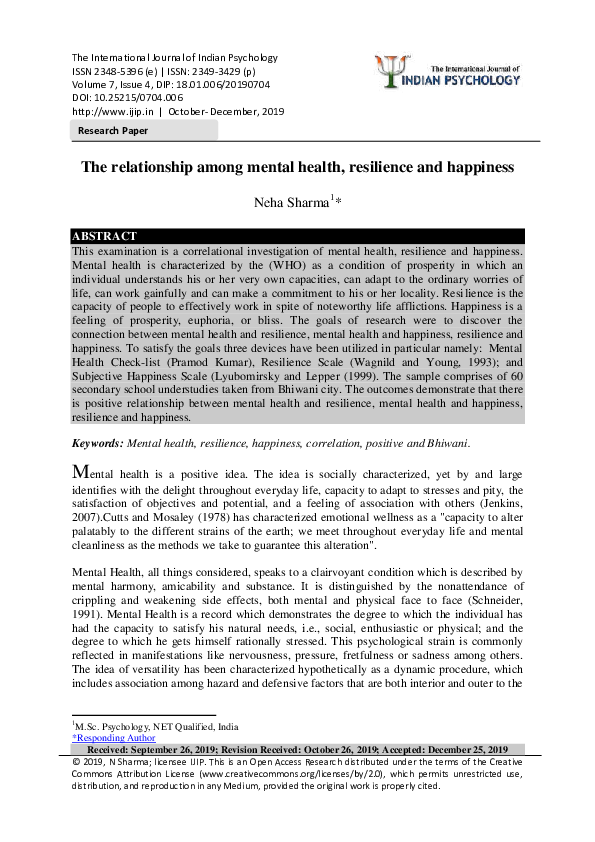 (PDF) The relationship among mental health, resilience and happiness