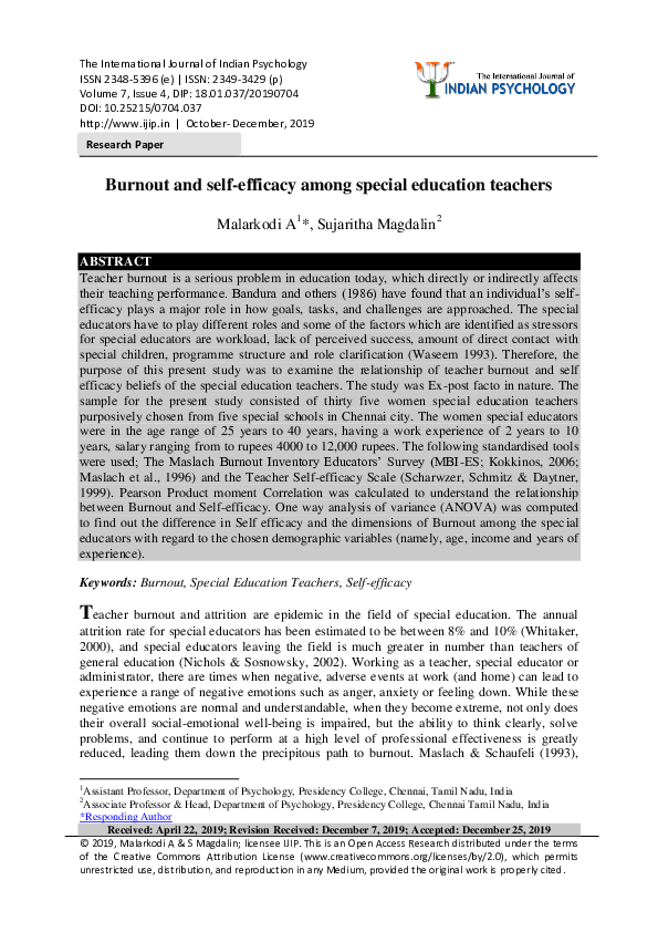 (PDF) Burnout and self-efficacy among special education teachers