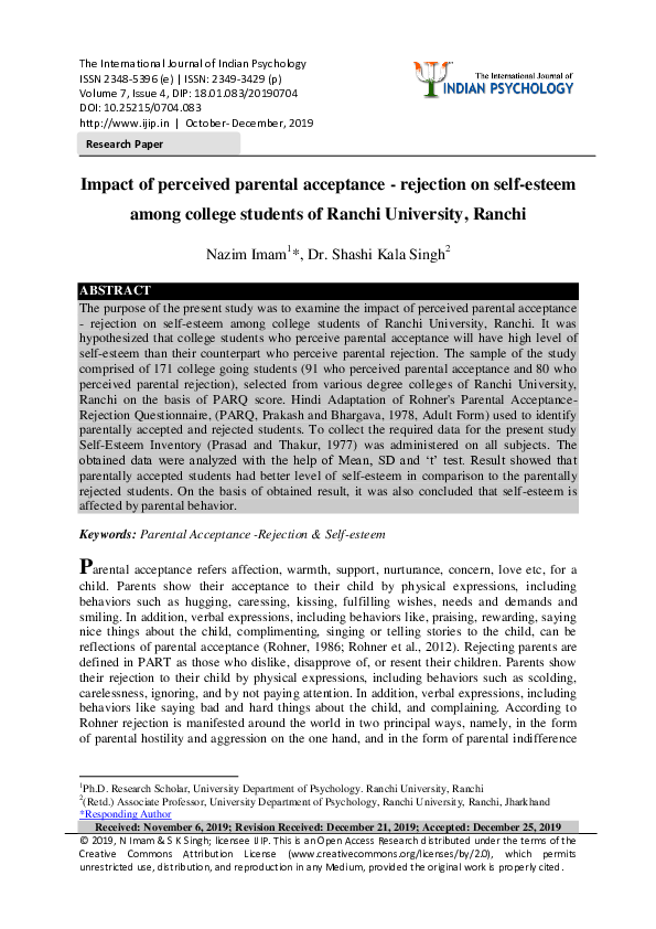 (PDF) Impact of perceived parental acceptance -rejection on self-esteem ...