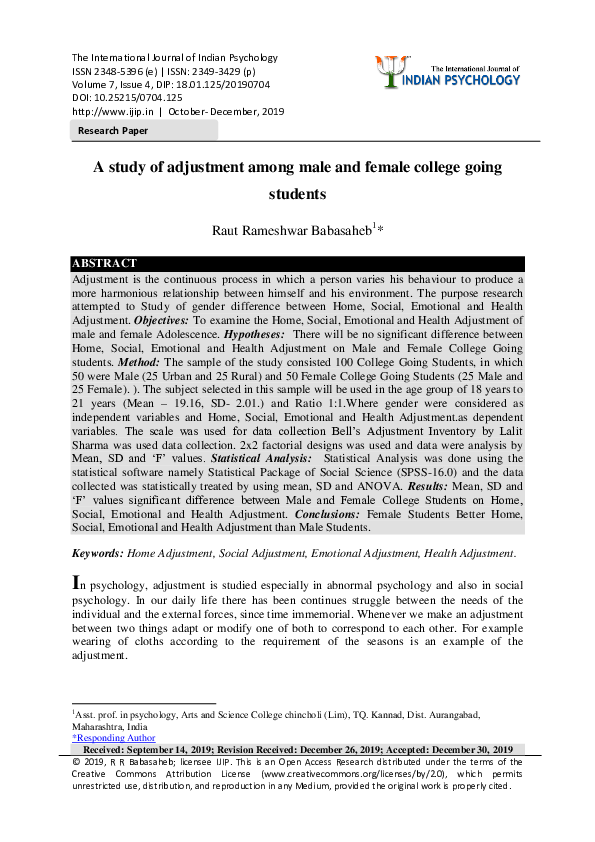 (PDF) A study of adjustment among male and female college going students