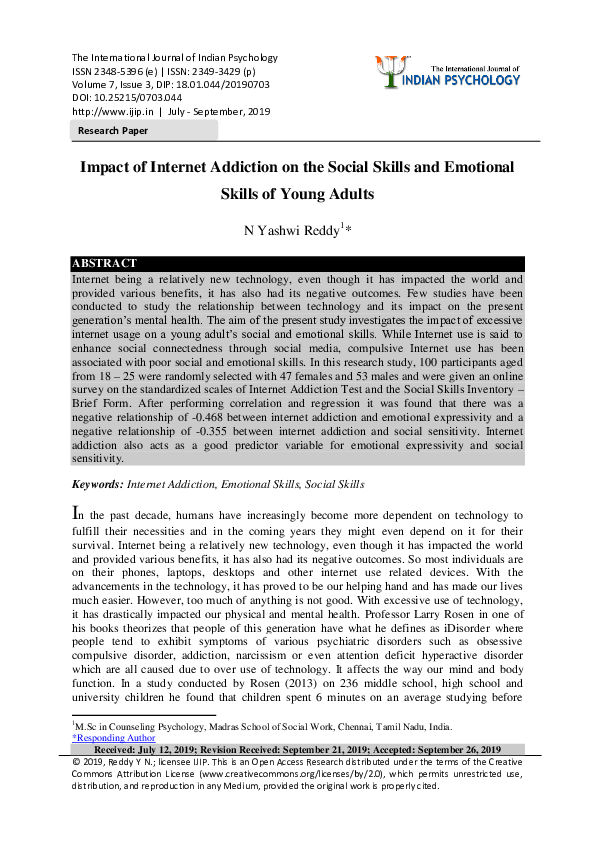 (PDF) Impact of Internet Addiction on the Social Skills and Emotional ...
