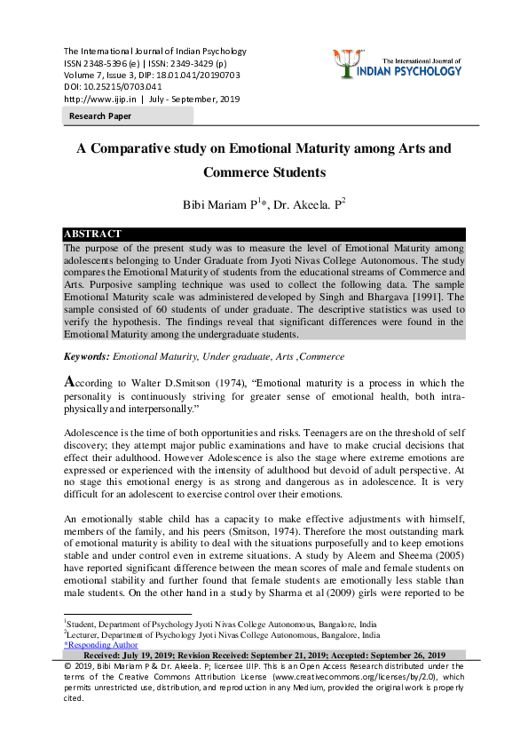 (PDF) A Comparative study on Emotional Maturity among Arts and Commerce ...