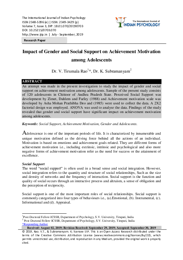 (PDF) Impact of Gender and Social Support on Achievement Motivation ...