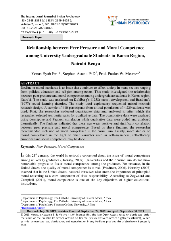 (PDF) Relationship between Peer Pressure and Moral Competence among ...