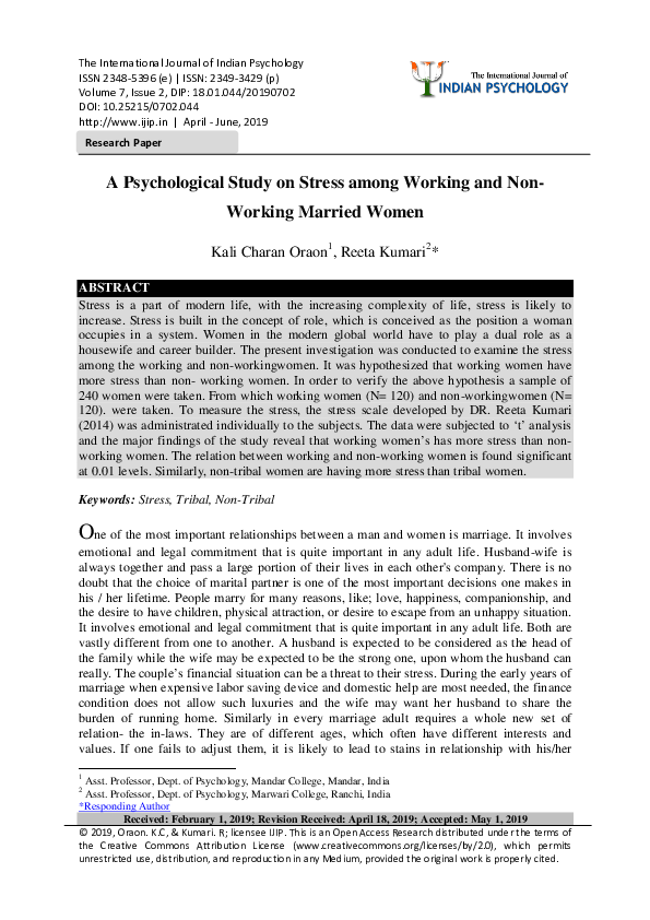(PDF) A Psychological Study on Stress among Working and Non- Working ...