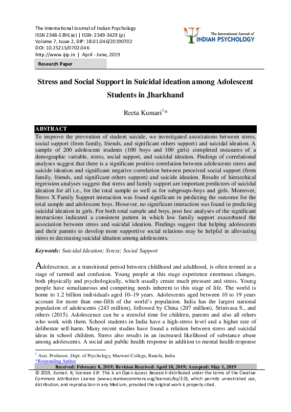 (PDF) Stress and Social Support in Suicidal ideation among Adolescent ...