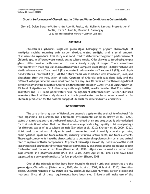 (PDF) Growth Performance of Chlorella spp. in Different Water ...