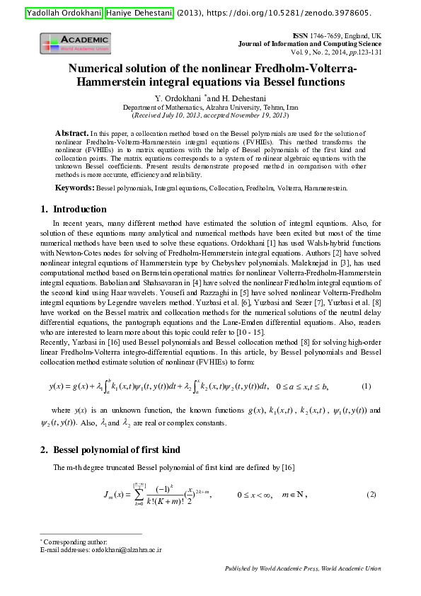 (PDF) Numerical solution of the nonlinear Fredholm-Volterra ...
