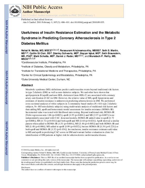 (PDF) Usefulness of Insulin Resistance Estimation and the Metabolic ...