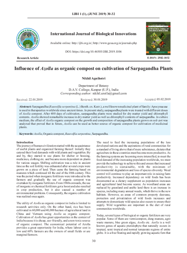 (PDF) Influence of Azolla as organic compost on cultivation of ...