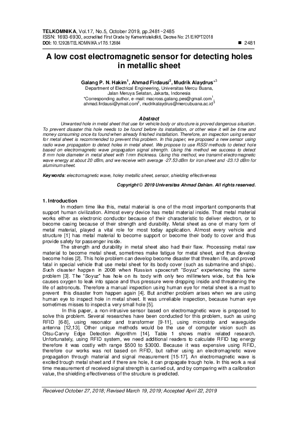 (PDF) A low cost electromagnetic sensor for detecting holes in metallic ...