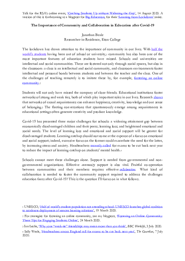 (PDF) The Importance of Community and Collaboration in Education after ...