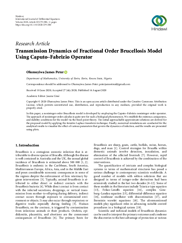 (PDF) Transmission Dynamics of Fractional Order Brucellosis Model Using ...
