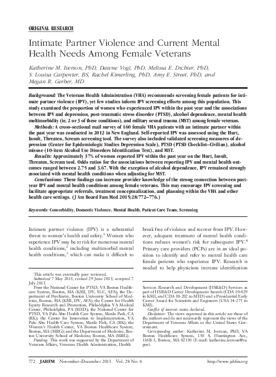 (PDF) Intimate Partner Violence and Current Mental Health Needs Among ...