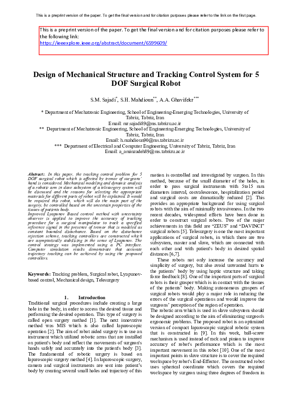 (PDF) Design of Mechanical Structure and Tracking Control System for 5 ...