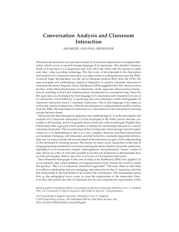 Pdf Conversation Analysis And Classroom Interaction Pdf Conversation Analysis And Classroom Interaction