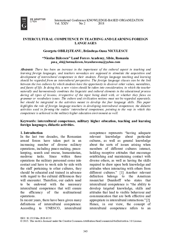 Pdf Intercultural Competence In Teaching And Learning Foreign Languages Pdf Intercultural Competence In Teaching And Learning Foreign Languages