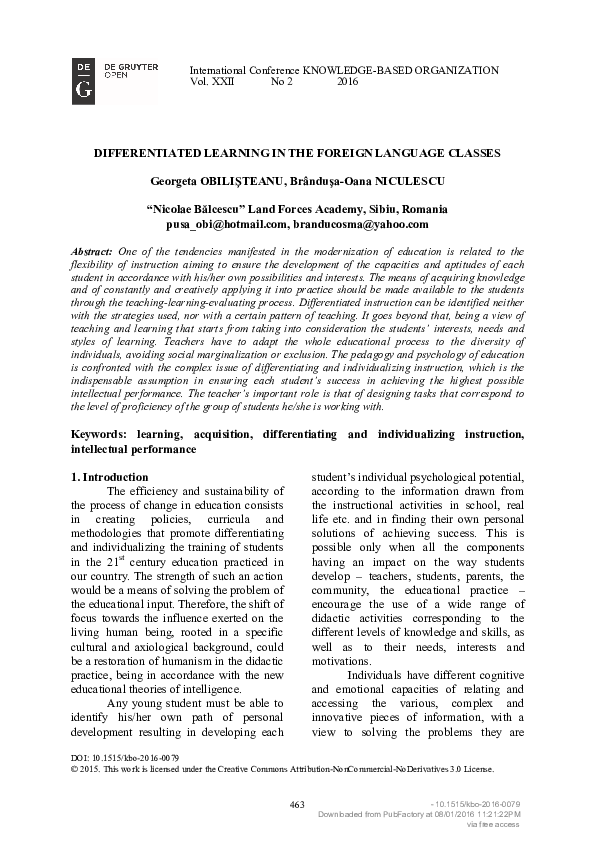 (PDF) DIFFERENTIATED LEARNING IN THE FOREIGN LANGUAGE CLASSES