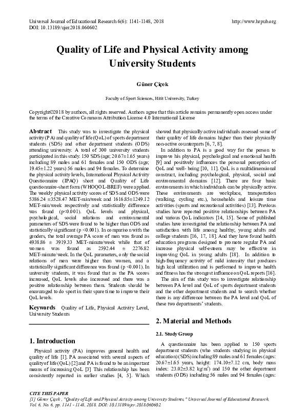 (PDF) Quality of Life and Physical Activity among University Students
