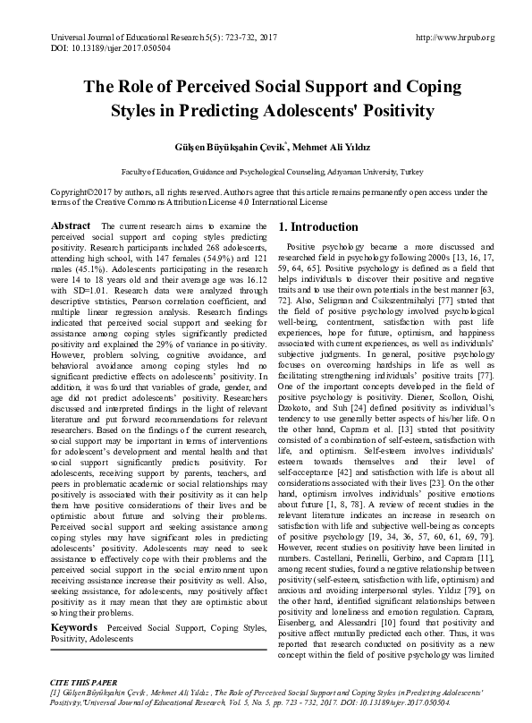 (PDF) The Role of Perceived Social Support and Coping Styles in ...