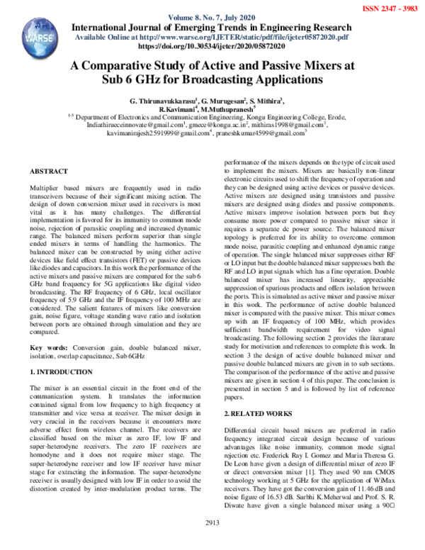 (PDF) A Comparative Study of Active and Passive Mixers at Sub 6 GHz for