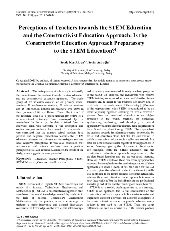 (PDF) Perceptions of Teachers towards the STEM Education and the ...