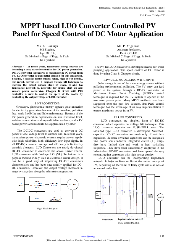 (PDF) IJERTMPPT based LUO Converter Controlled PV Panel for Speed