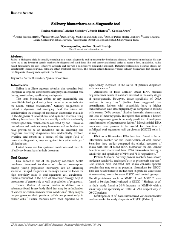 (PDF) Salivary biomarkers as a diagnostic tool
