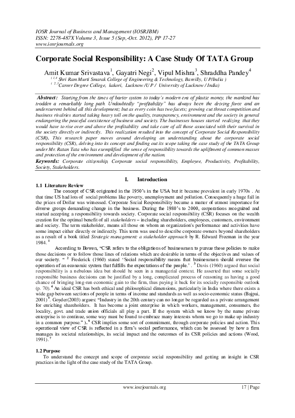 (PDF) Corporate Social Responsibility: A Case Study Of TATA Group