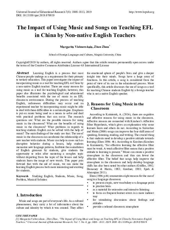 (PDF) The Impact of Using Music and Songs on Teaching EFL in China by ...