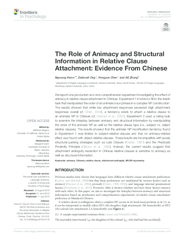 (PDF) The Role of Animacy and Structural Information in Relative Clause ...