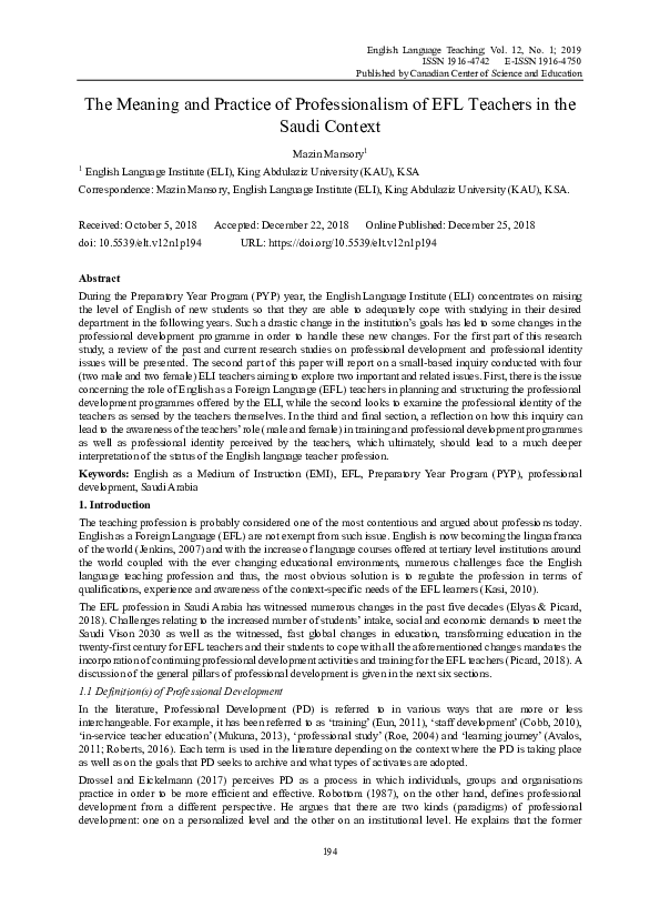 (PDF) The Meaning and Practice of Professionalism of EFL Teachers in ...