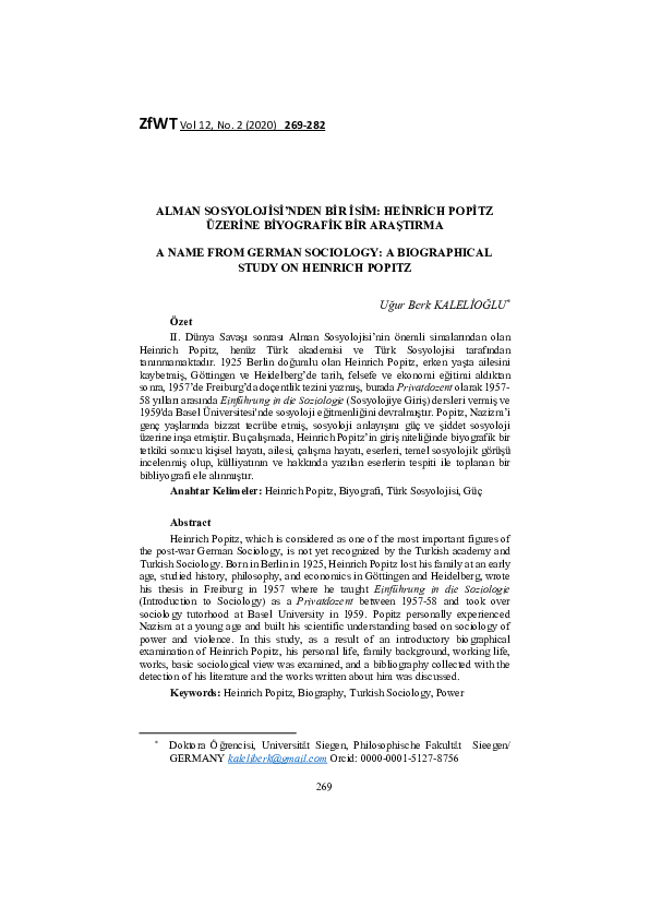 (PDF) Alman Sosyolojisi’nden Bir İsim: Heinrich Popitz Üzerine ...