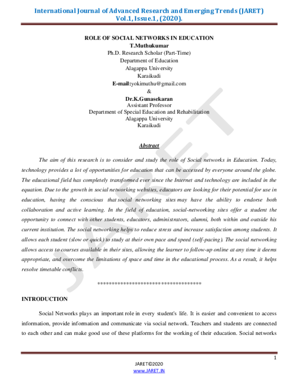 (PDF) ROLE OF SOCIAL NETWORKS IN EDUCATION