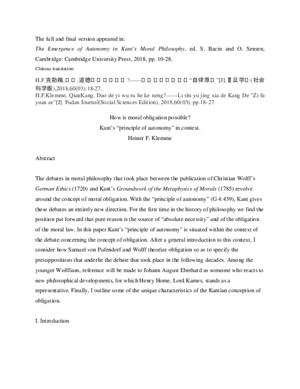 (PDF) How is moral obligation possible? Kant’s “principle of autonomy ...