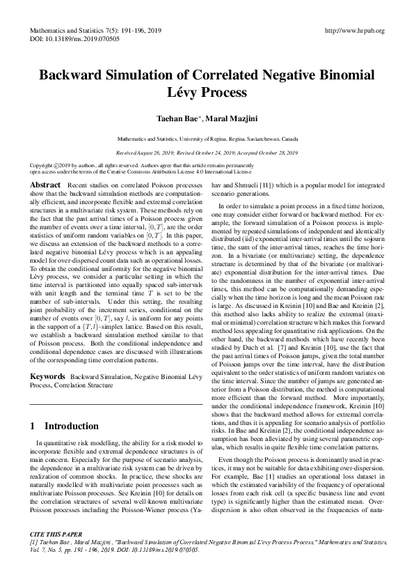 (PDF) Backward Simulation of Correlated Negative Binomial L´evyProcess