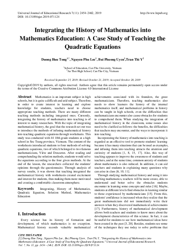 (PDF) Integrating the History of Mathematics into Mathematics Education ...