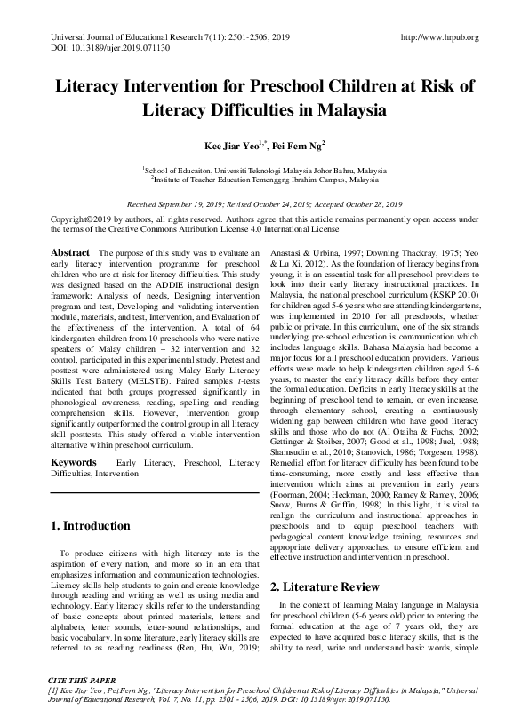 (PDF) Literacy Intervention for Preschool Children at Risk of Literacy ...